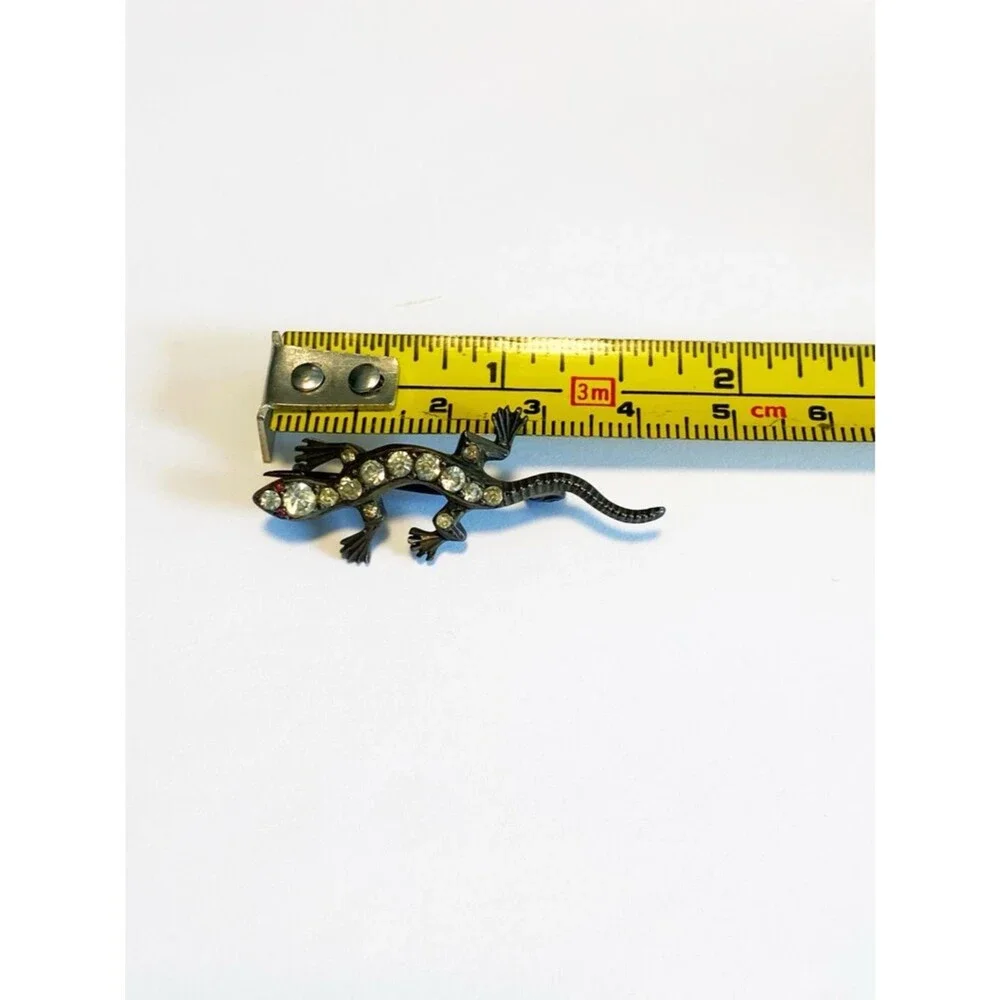 Vintage Sterling Silver Lizard Brooch with Clear Crystal Accents and Red Eyes